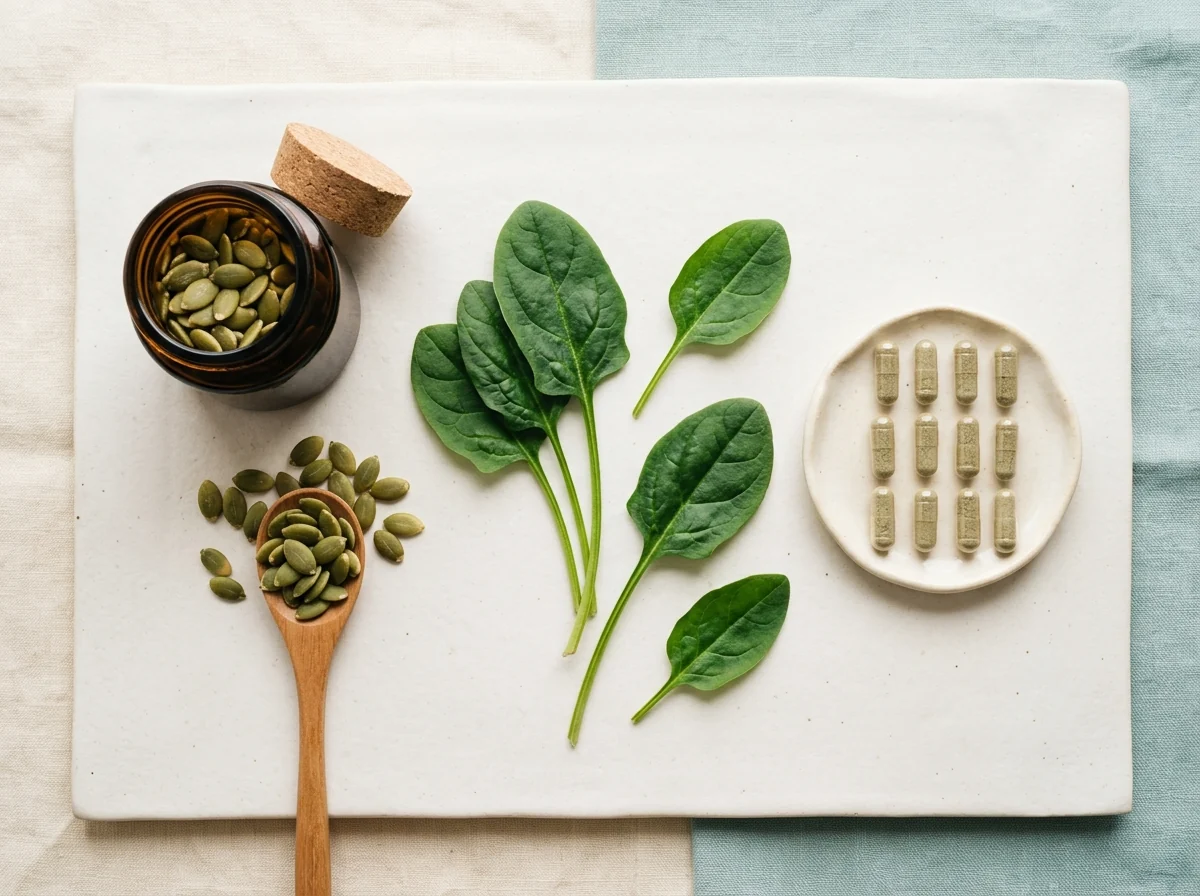Naturliga ingredienser - zink magnesium nervsystem kosttillskott; pumpafrön och gröna örter på vit yta