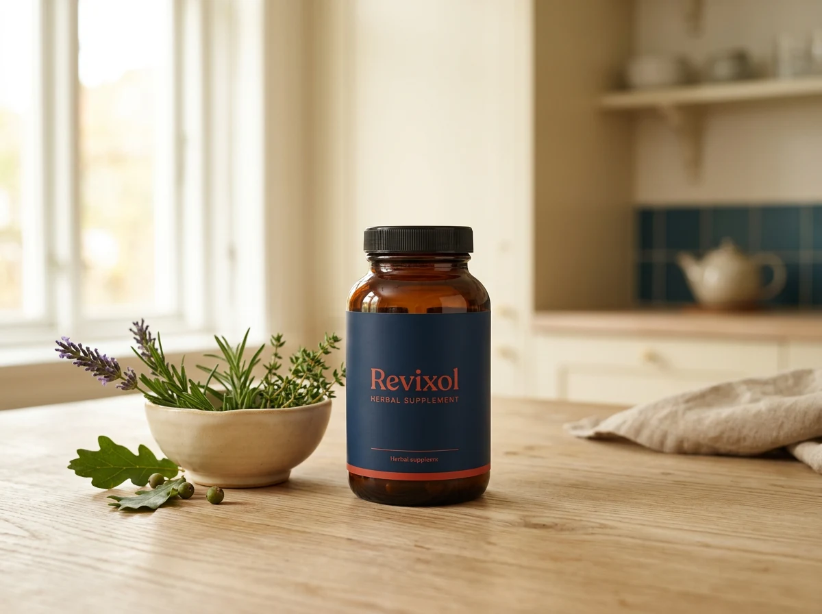 Revixol kosttillskott burk på träbord med naturliga örter - naturliga tillskott för öronhälsa